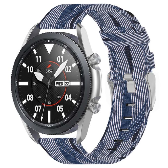 s.ny6 .5.22 Main Blue White Stripe StrapsCo Canvas Strap w Polished Silver Buckle for Samsung Galaxy Watch Active 20mm 22mm