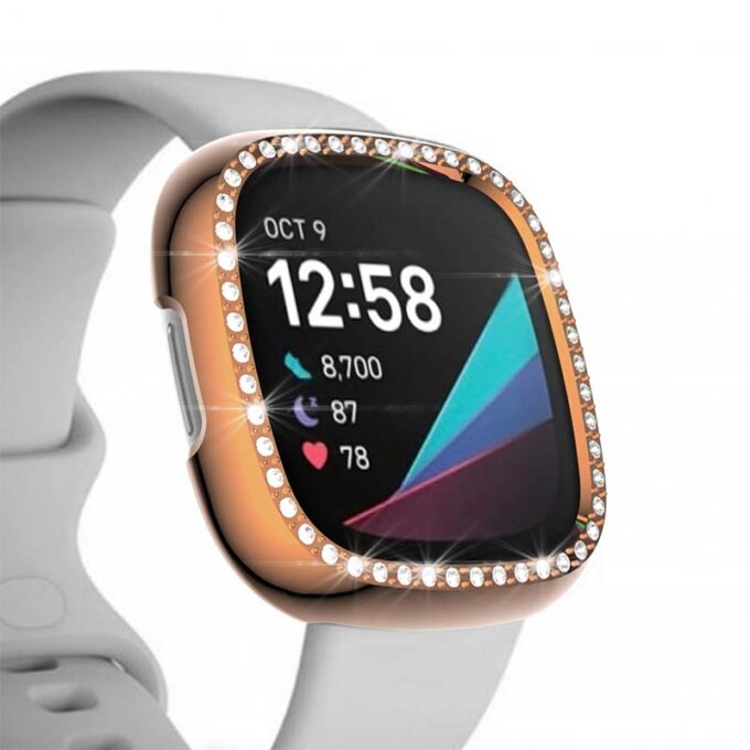 fb.pc14.rg Alt Rose Gold StrapsCo Protective Case with one row of Rhinestones for Fitbit Versa 3 Sense