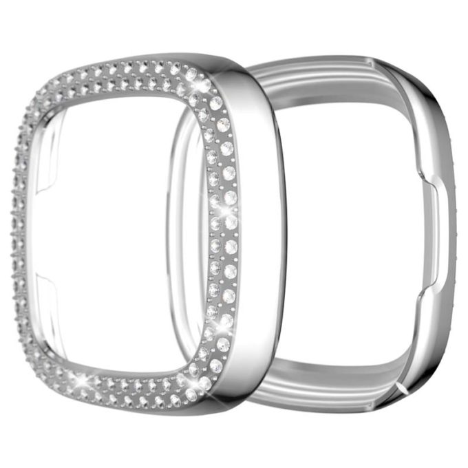 fb.pc15.ss Main Silver StrapsCo Protective Case with two rows of Rhinestones for Fitbit Versa 3 Sense
