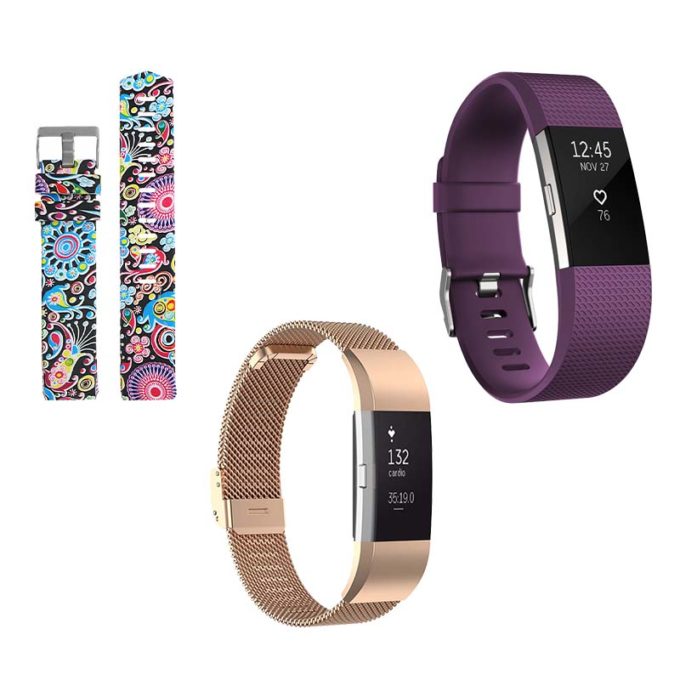 Womens Strap Bundle for Fitbit Charge 2 Psychedelic Flowers Rose Gold Purple