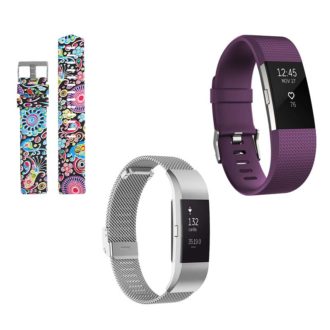 Womens Strap Bundle for Fitbit Charge 2 Psychedelic Flowers Silver Purple