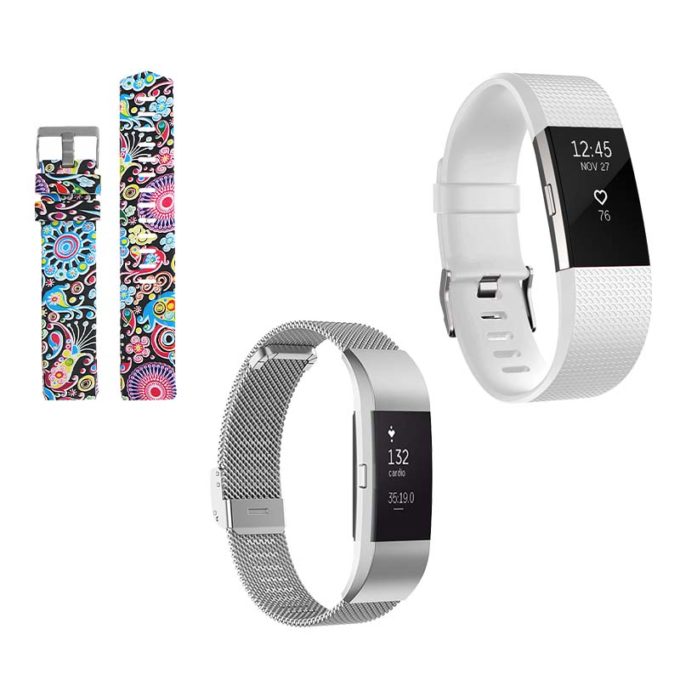 Womens Strap Bundle for Fitbit Charge 2 Psychedelic Flowers Silver White