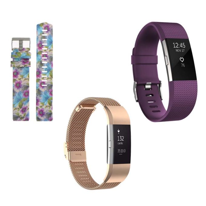 Womens Strap Bundle for Fitbit Charge 2 Wild Flowers Rose Gold Purple