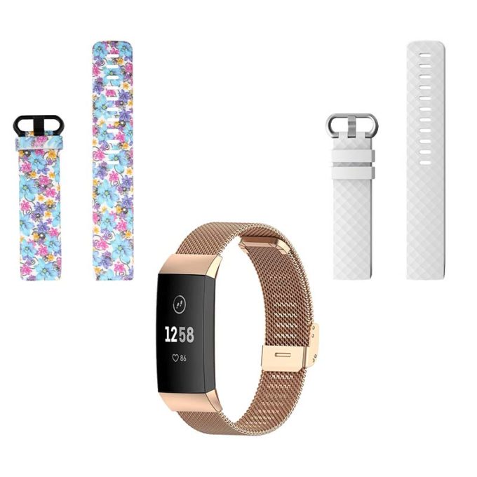 Womens Strap Bundle for Fitbit Charge 4 Charge 3 Flowers Swirls Rose Gold White