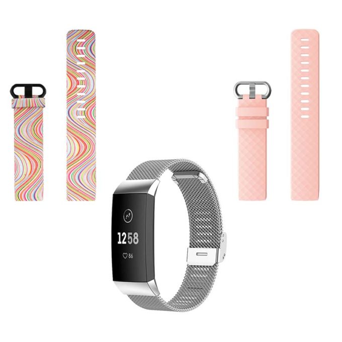 Womens Strap Bundle for Fitbit Charge 4 Charge 3 Rainbow Waves Silver Pink