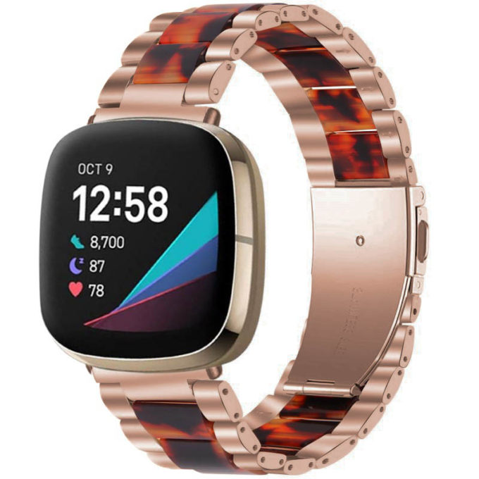 fb.m138.rg .2 Main Rose Gold Tortoise Shell StrapsCo Stainless Steel Resin Watch Band Fitbit Sense Versa 3