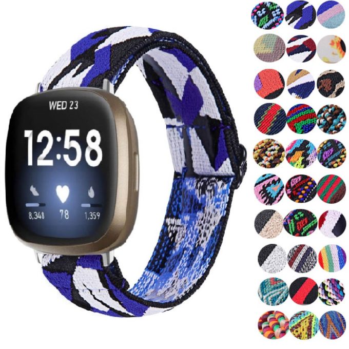 fb.ny30.i Gallery Blue Facets StrapsCo Pattern Elastic Nylon Watch Strap Fitbit Sense Versa 3