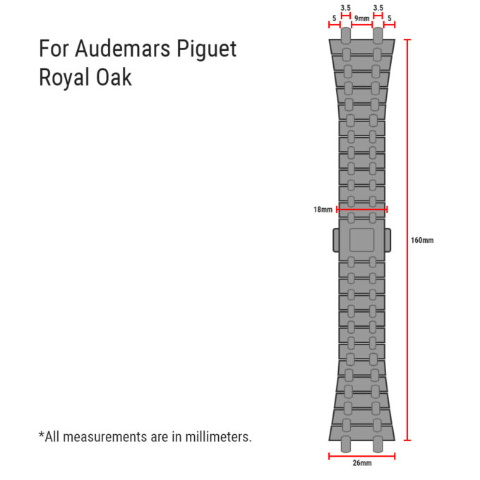 Diagram of dimensions for m.ap1 StrapsCo 26mm Stainless Steel Watch Band Strap for Audemars Piguet Royal Oak