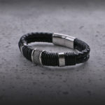 Bx10.ps Creative Black (silver Clasp) StrapsCo Black Leather Rope & Steel Bracelet Wristband Bangle With Silver Clasp