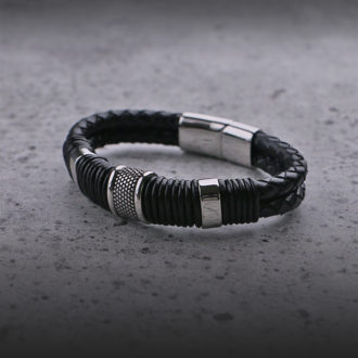 Bx10.ps Creative Black (silver Clasp) StrapsCo Black Leather Rope & Steel Bracelet Wristband Bangle With Silver Clasp