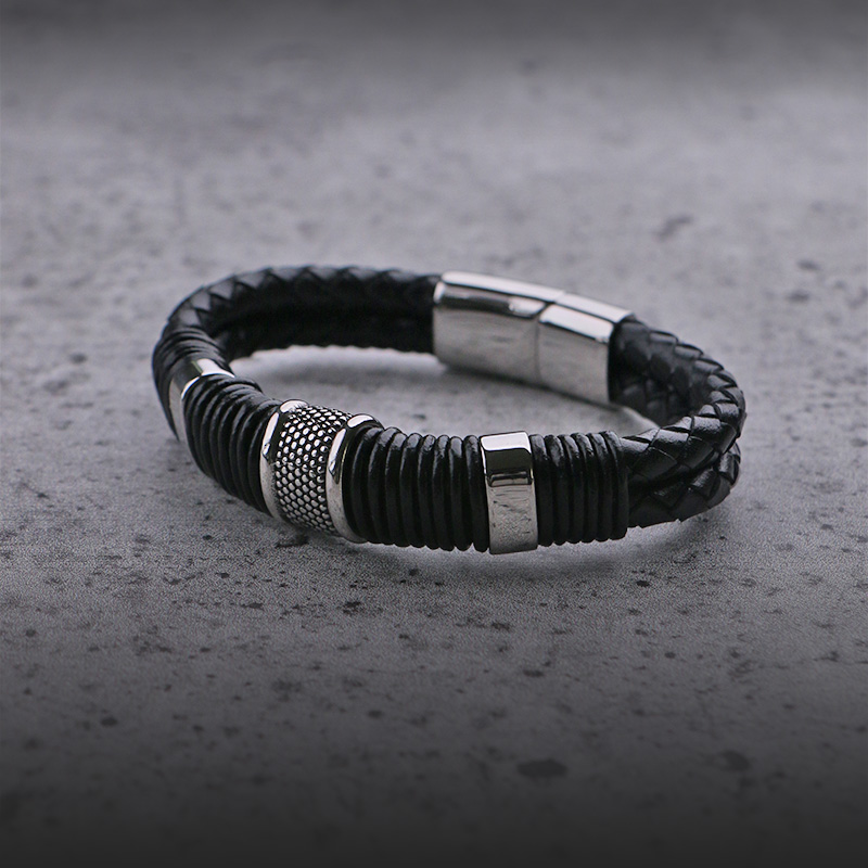 StrapsCo Leather Rope & Steel Bracelet with Silver Clasp