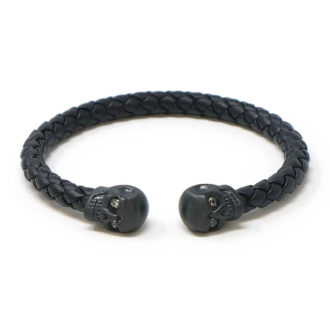 bx7.1.mb Main Black Black Skulls StrapsCo Braided Black Leather Bracelet Wristband Bangle with Black Skulls