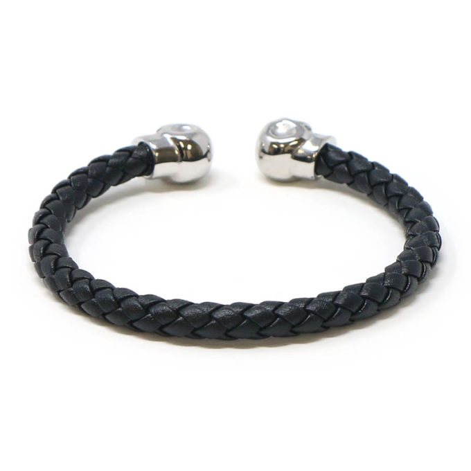 bx7.1.ps Back Black Silver Skulls StrapsCo Braided Black Leather Bracelet Wristband Bangle with Silver Skulls
