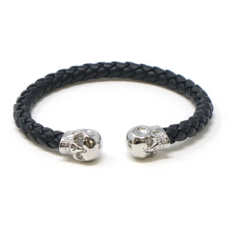 bx7.1.ps Main Black Silver Skulls StrapsCo Braided Black Leather Bracelet Wristband Bangle with Silver Skulls
