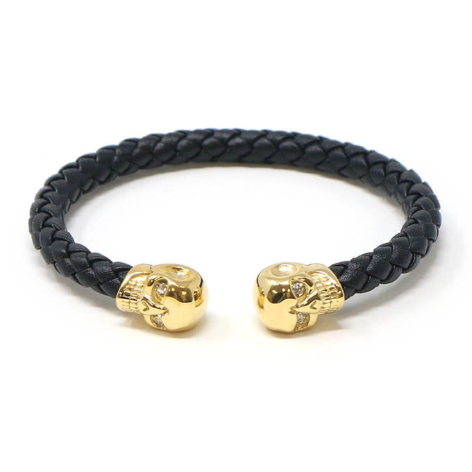 bx7.yg Main Black Yellow Gold Skulls StrapsCo Braided Black Leather Bracelet Wristband Bangle with Gold Skulls