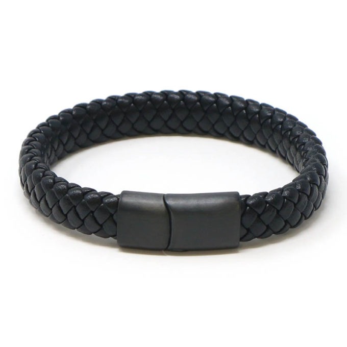 bx8.1.mb Main Black Matte Black Clasp StrapsCo Wide Plaited Black Leather Bracelet Wristband with Matte Black Clasp