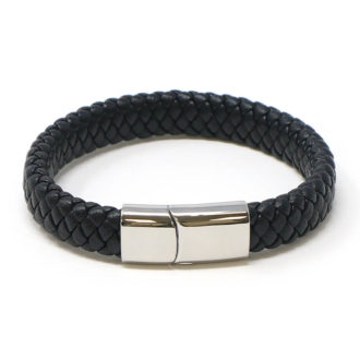bx8.1.ps Main Black Silver Clasp StrapsCo Wide Plaited Black Leather Bracelet Wristband Bangle with Silver Clasp