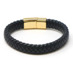 bx8.1.yg Back Black Yellow Gold Clasp StrapsCo Wide Plaited Black Leather Bracelet Wristband Bangle with Yellow Gold Clasp