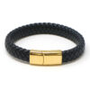 bx8.1.yg Main Black Yellow Gold Clasp StrapsCo Wide Plaited Black Leather Bracelet Wristband Bangle with Yellow Gold Clasp
