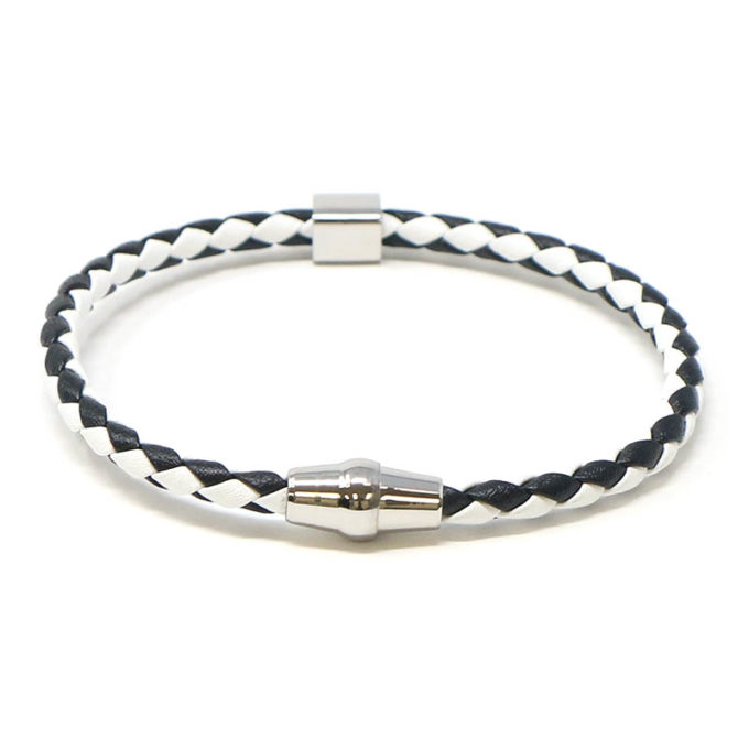 bx9.1.22.ps Main Black White Silver Clasp StrapsCo Thin Two Tone Braided Bracelet Wristband Bangle with Silver Clasp