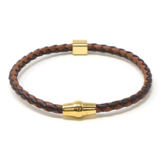 14ct Yellow Gold 41cms Brown Plaited Leather Bracelet