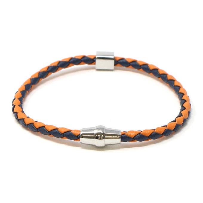 bx9.5.12.ps Main Dark Navy Orange Silver Clasp StrapsCo Thin Two Tone Braided Bracelet Wristband Bangle with Silver Clasp