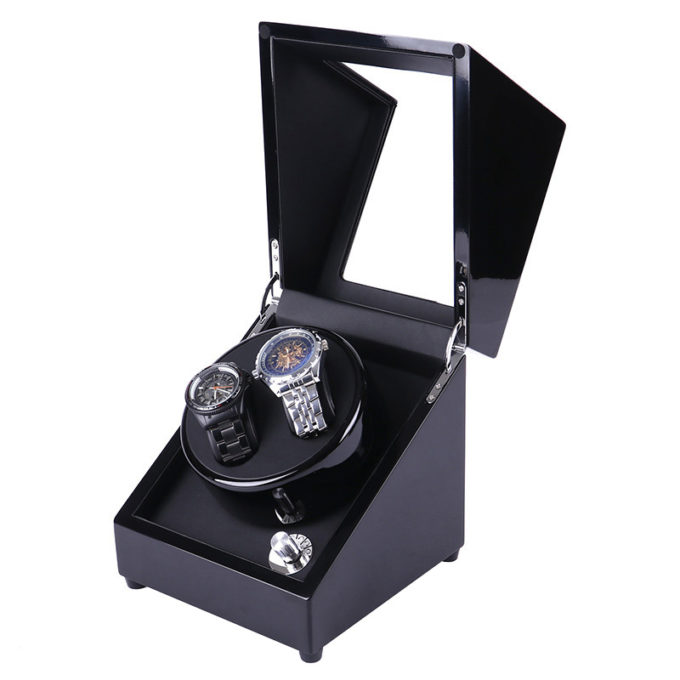 wx23 Main StrapsCo Piano Black Black Leatherette Winder for 2 Watches