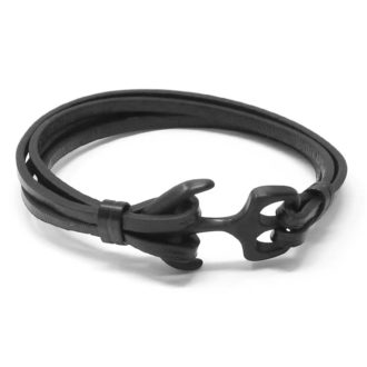 bx12.1.mb Main Black StrapsCo Black Leather Bracelet Wristband Bangle with Matte Black Anchor Clasp