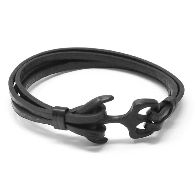 bx12.1.mb Main Black StrapsCo Black Leather Bracelet Wristband Bangle with Matte Black Anchor Clasp