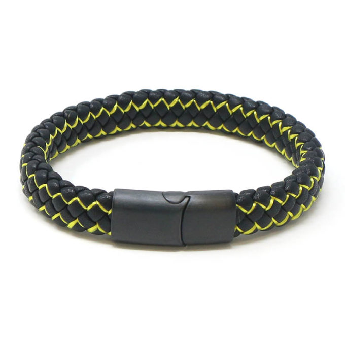 bx14.1.10.mb Main Black Yellow StrapsCo Plaited Two Tone Leather Bracelet with Black Clasp