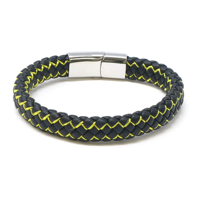 bx14.1.10.ps Back Black Yellow StrapsCo Plaited Two Tone Leather Bracelet with Silver Clasp