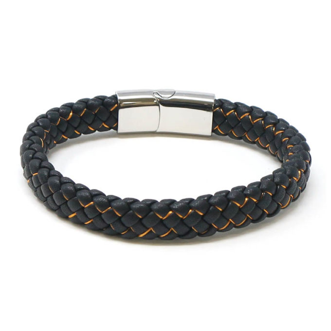 bx14.1.12.ps Back Black Orange StrapsCo Plaited Two Tone Leather Bracelet with Silver Clasp