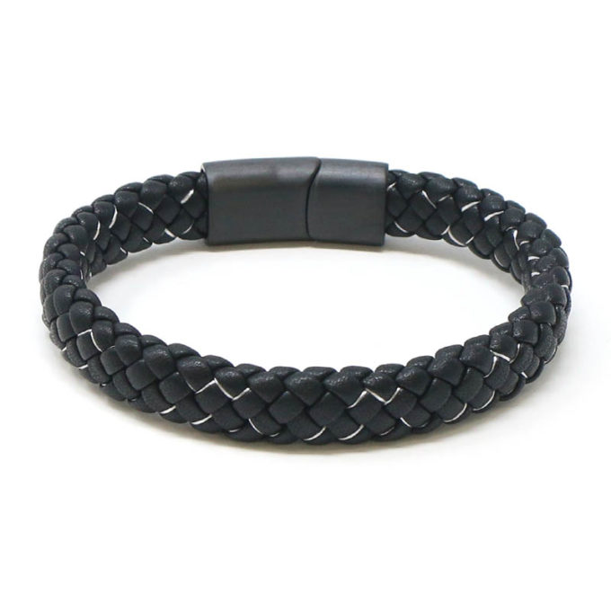 bx14.1.22.mb Back Black White StrapsCo Plaited Two Tone Leather Bracelet with Black Clasp