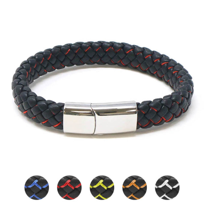 bx14.1.6.ps Gallery Black Red StrapsCo Plaited Two Tone Leather Bracelet with Silver Clasp