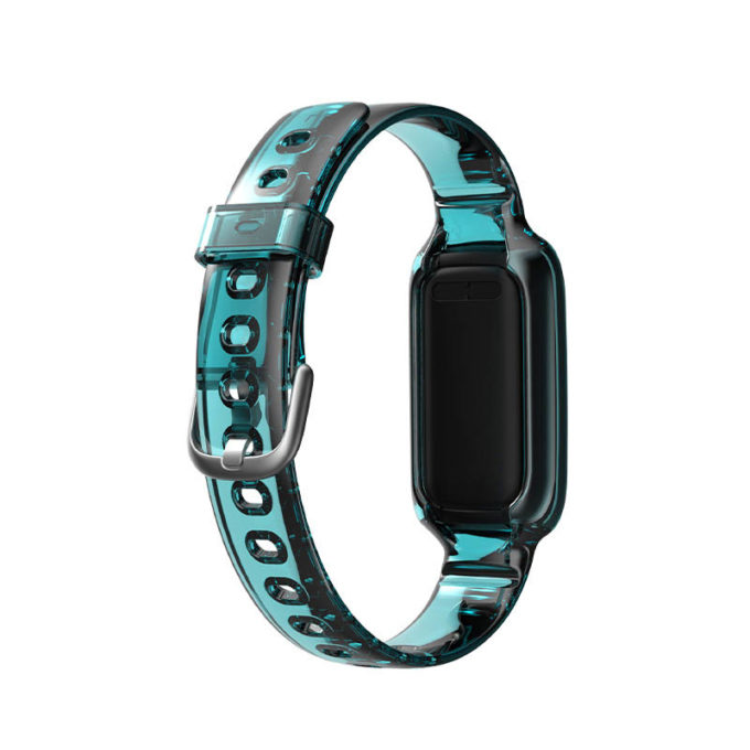 fb.r65.11a Back Turquoise StrapsCo Transparent TPU Rubber Watch Strap with Silver Buckle for Fitbit Luxe