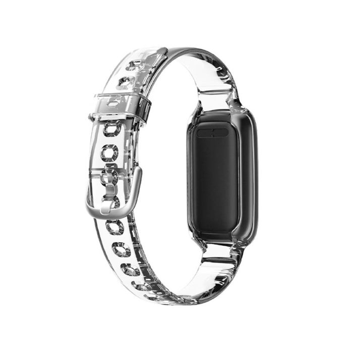 fb.r65.22 Back Clear StrapsCo Transparent TPU Rubber Watch Strap with Silver Buckle for Fitbit Luxe