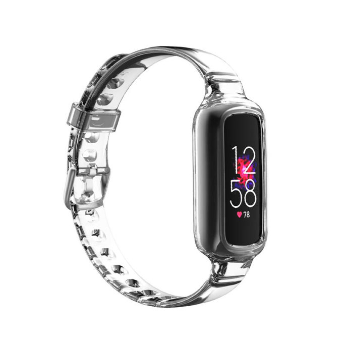 fb.r65.22 Main Clear StrapsCo Transparent TPU Rubber Watch Strap with Silver Buckle for Fitbit Luxe