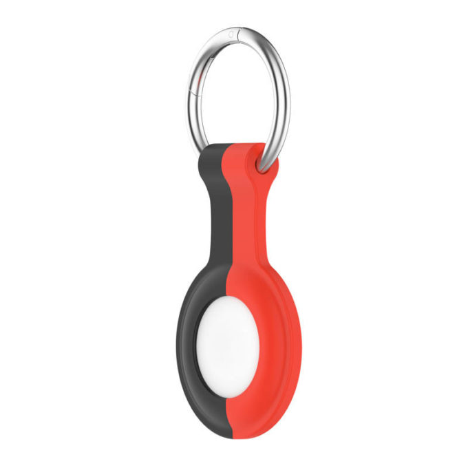 A.at8.1.6 Angle Front Black & Red (No Logo) StrapsCo Rubber Bicolor Keyring Apple AirTag Holder Protective Case