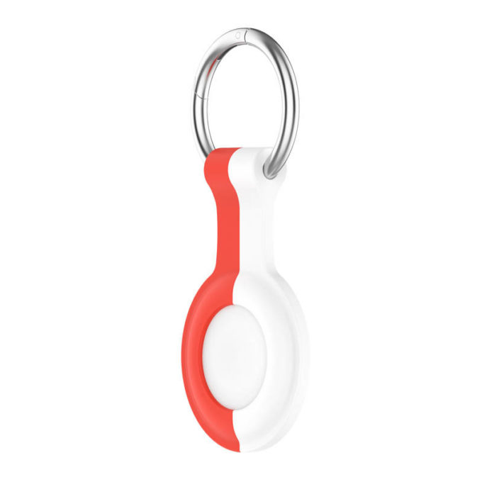 A.at8.6.22 Angle Front Red & White (No Logo) StrapsCo Rubber Bicolor Keyring Apple AirTag Holder Protective Case