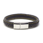 bx1.1.10.ps Main StrapsCo Black Yellow Braided Leather Bracelet with Silver Clasp