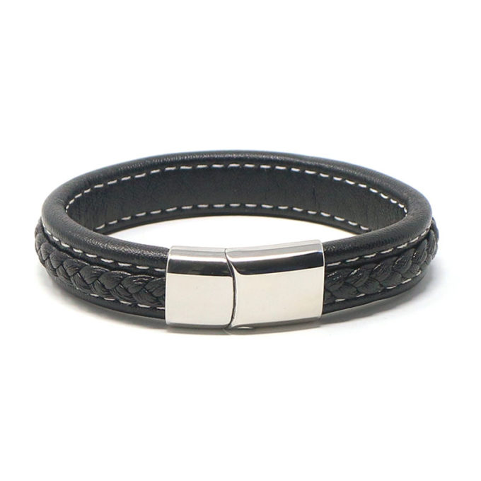 bx1.1.22.ps Main Black White StrapsCo Braided Leather Bracelet with Silver Clasp
