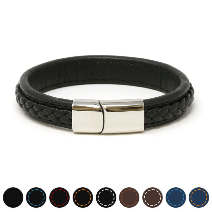 Bx1.ps Gallery (Black) StrapsCo Black & Orange Braided Leather Bracelet With Silver Clasp