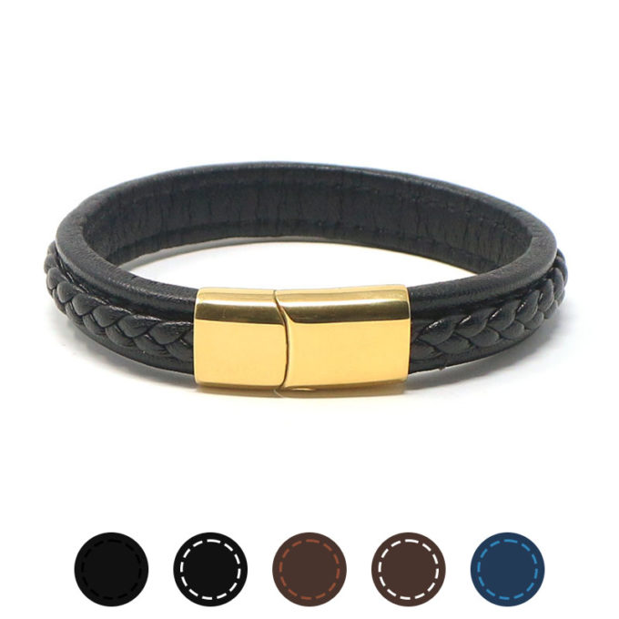 bx1.yg Gallery Black StrapsCo Braided Leather Bracelet with Yellow Gold Clasp