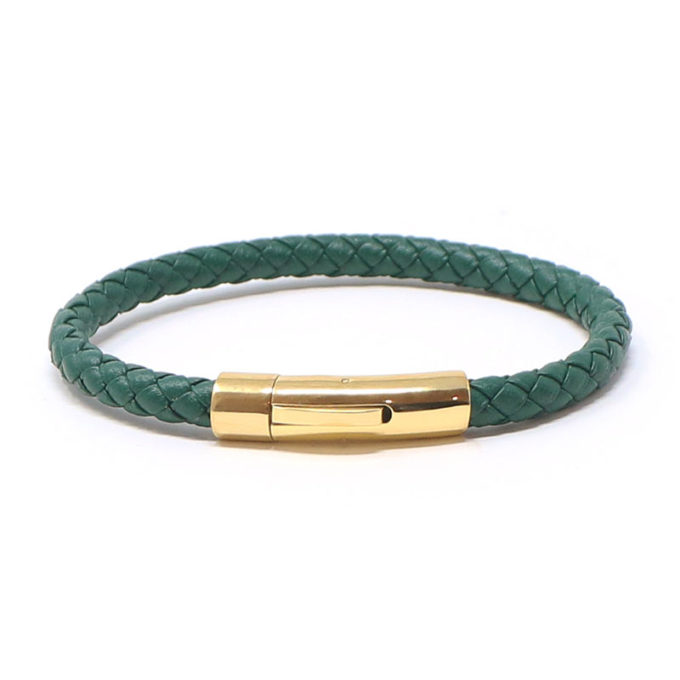 bx3.11.yg Main Green StrapsCo Leather Bolo Bracelet with Yellow Gold Clasp
