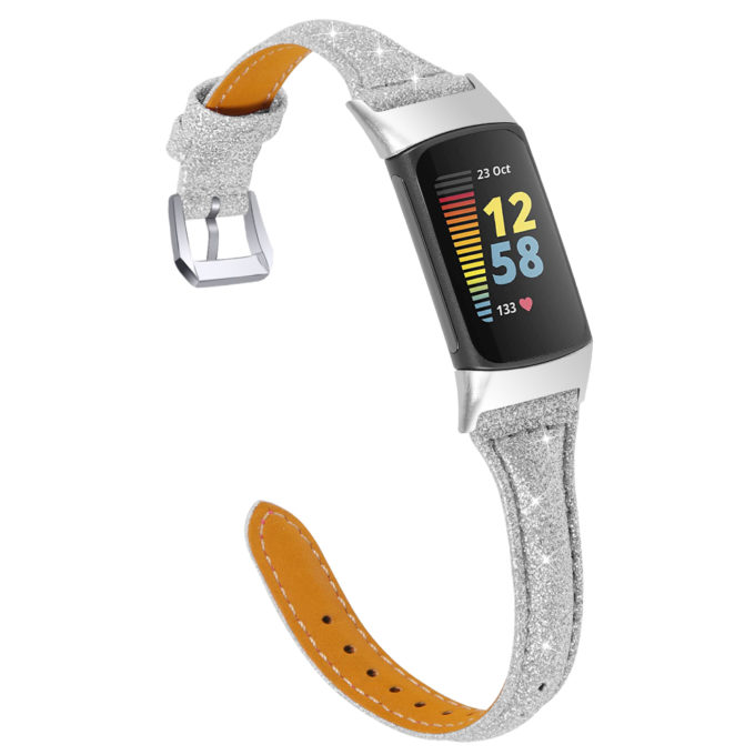 Fb.l48.7 Main Metallic Silver StrapsCo Sparkling Genuine Leather Strap For Fitbit Charge