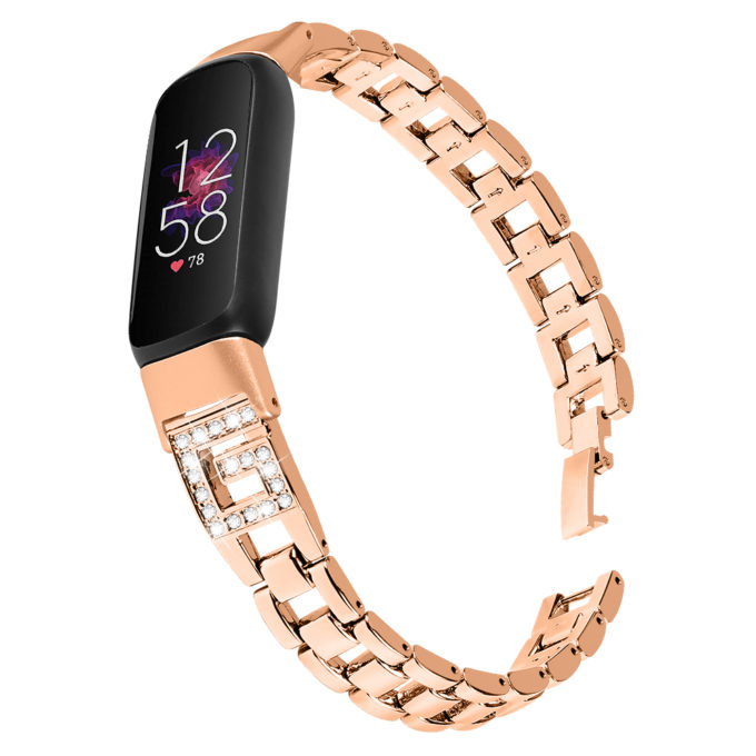 fb.m150.rg Main Rose Gold StrapsCo Chain Link Bracelet with Rhinestones for Fitbit Luxe Stainless Steel Metal