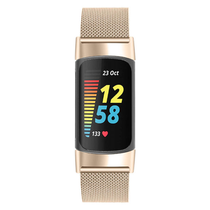 Fb.m153.cg Front Champagne Gold StrapsCo Mesh Bracelet For Fitbit Charge 5 Stainless Steel Metal Strap Band