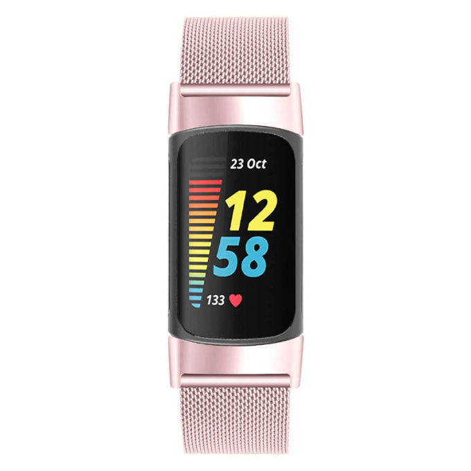 Fb.m153.rp Front Pink StrapsCo Mesh Bracelet For Fitbit Charge 5 Stainless Steel Metal Strap Band