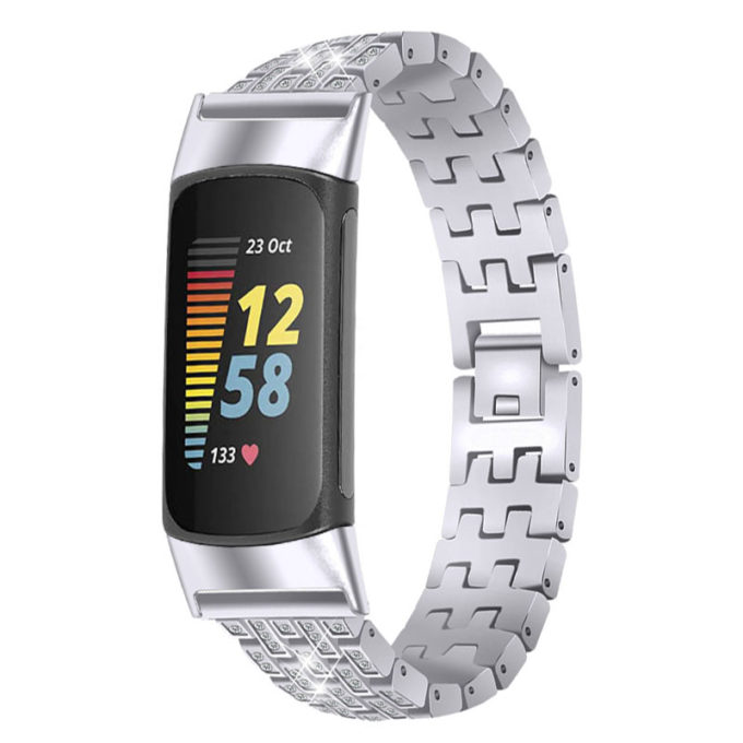 fb.m154.ss Main Silver StrapsCo Rhinestone Bracelet for Fitbit Charge 5 Stainless Steel Metal Strap Band