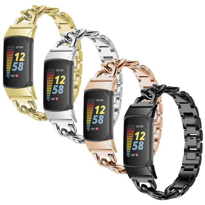 Fb.m156 All Color StrapsCo Cuban Link Bracelet For Fitbit Charge 5 Stainless Steel Metal Band Strap